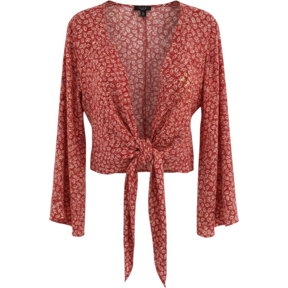 VICI Red Floral Tie Front Crop Top Feminine Small Long Sl‎ V-Neck Rayon Blouse